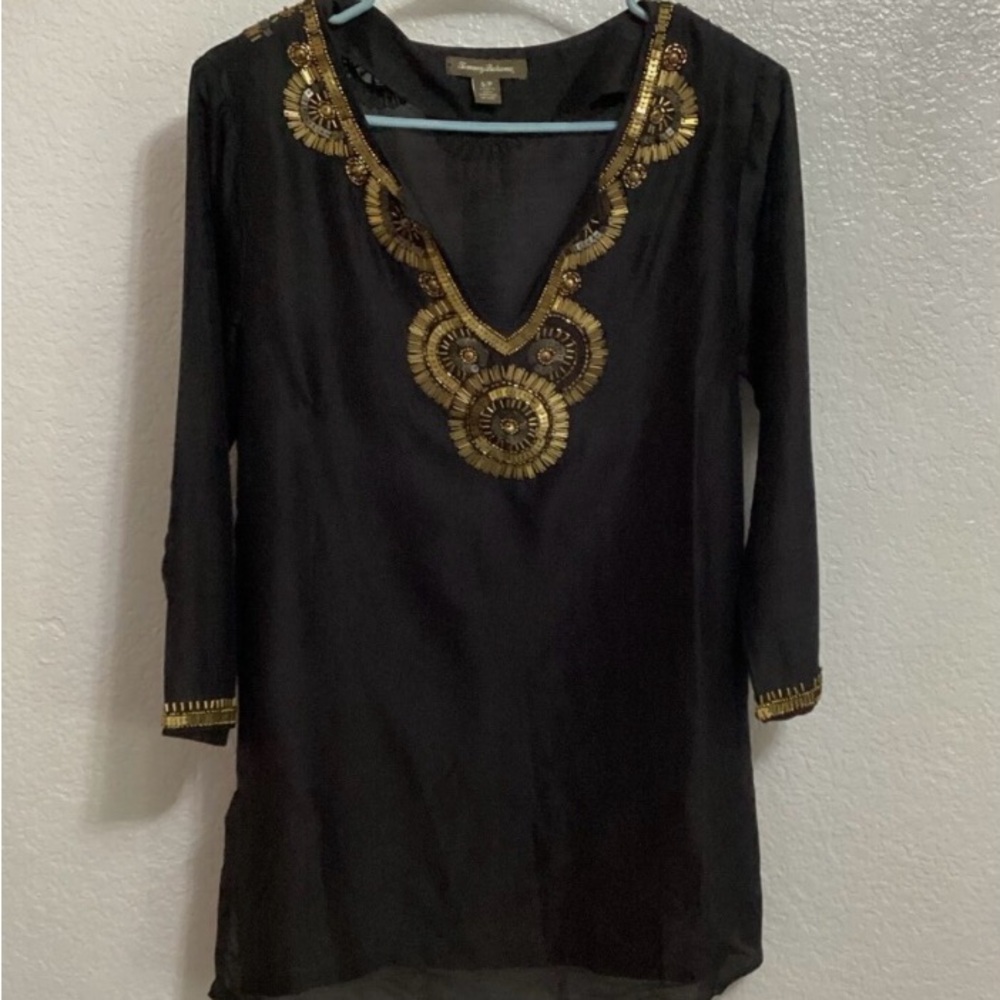 Tommy Bahama Black Gold Embellished Tunic Top
